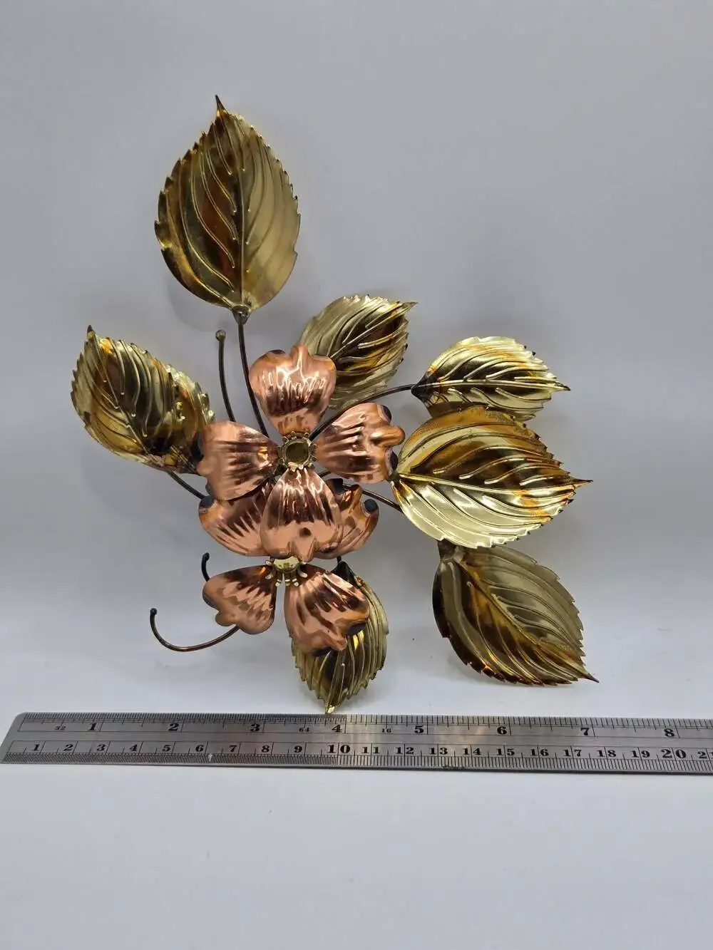 Vintage Mid-Century Modern Mixed Metal Brass and Copper Floral Wall Art Set